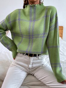 SHEIN Essnce Áo len nữ Sọc ca rô Giải trí - Màu xanh chanh - Xem 1