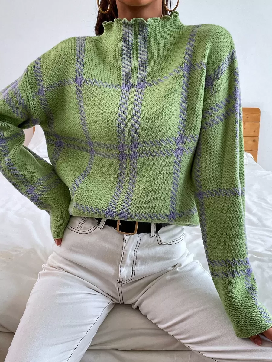 SHEIN Essnce Áo len nữ Sọc ca rô Giải trí - Màu xanh chanh - Xem 1