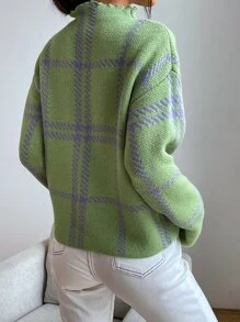 SHEIN Essnce Áo len nữ Sọc ca rô Giải trí - Màu xanh chanh - Xem 2