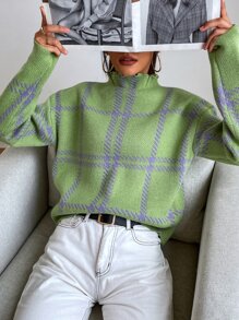 SHEIN Essnce Áo len nữ Sọc ca rô Giải trí - Màu xanh chanh - Xem 5