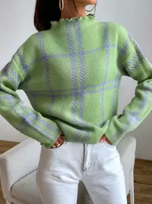 SHEIN Essnce Áo len nữ Sọc ca rô Giải trí - Màu xanh chanh - Xem 6