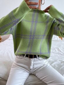 SHEIN Essnce Áo len nữ Sọc ca rô Giải trí - Màu xanh chanh - Xem 7