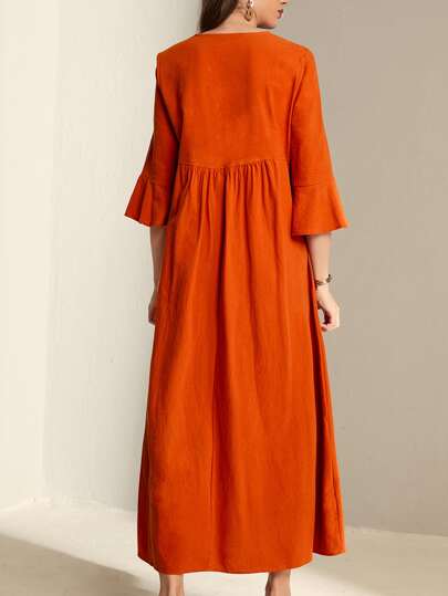 Al Najma Geo Embroidery Notched Neck Flounce Sleeve Smock Dress