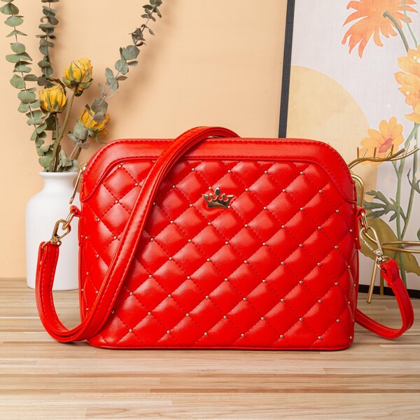 

Quilted Studded Decor Dome Bag, Red