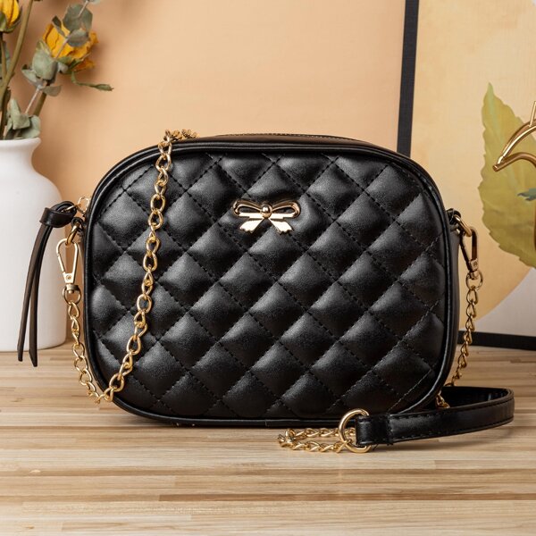 

Metal Decor Quilted Pattern Chain Dome Bag, Black