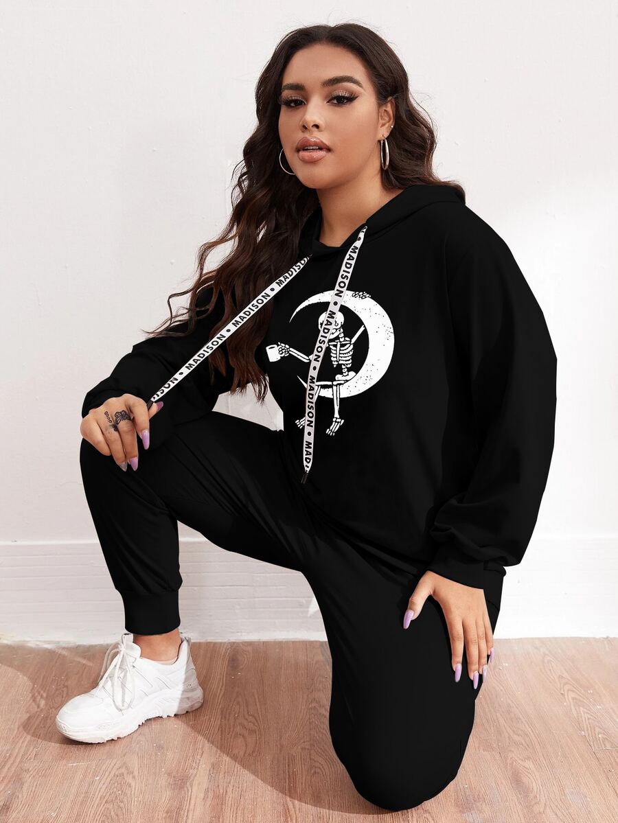 Plus Moon And Skeleton Print Drawstring Hoodie & Sweatpants - Black - View 1