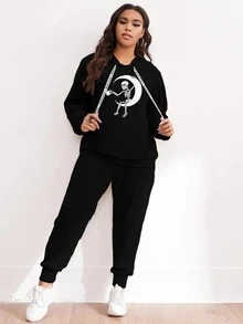 Plus Moon And Skeleton Print Drawstring Hoodie & Sweatpants - Black - View 3
