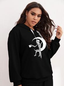 Plus Moon And Skeleton Print Drawstring Hoodie & Sweatpants - Black - View 4