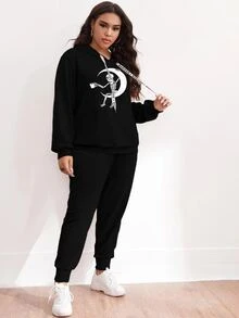 Plus Moon And Skeleton Print Drawstring Hoodie & Sweatpants - Black - View 5