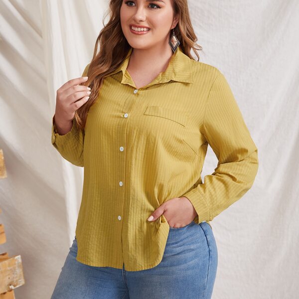 

Plus Button Front Collar Neck Blouse, Yellow