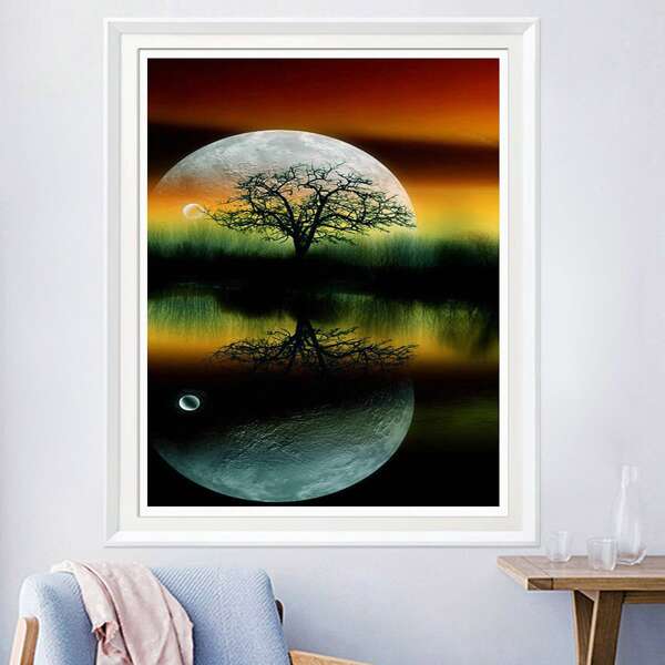 

Tree & Moon Print DIY Diamond Unframed Painting, Multicolor