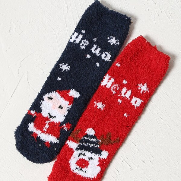 

2pairs Christmas Print Fuzzy Socks, Multicolor