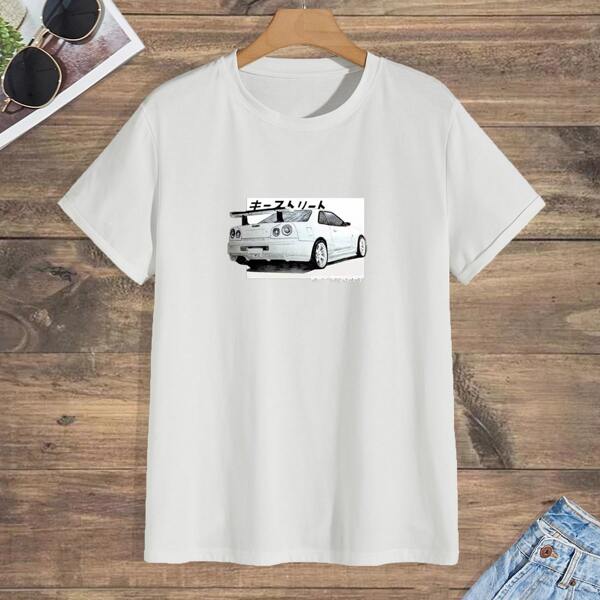 

Men Car & Japanese Letter Graphic Tee, White