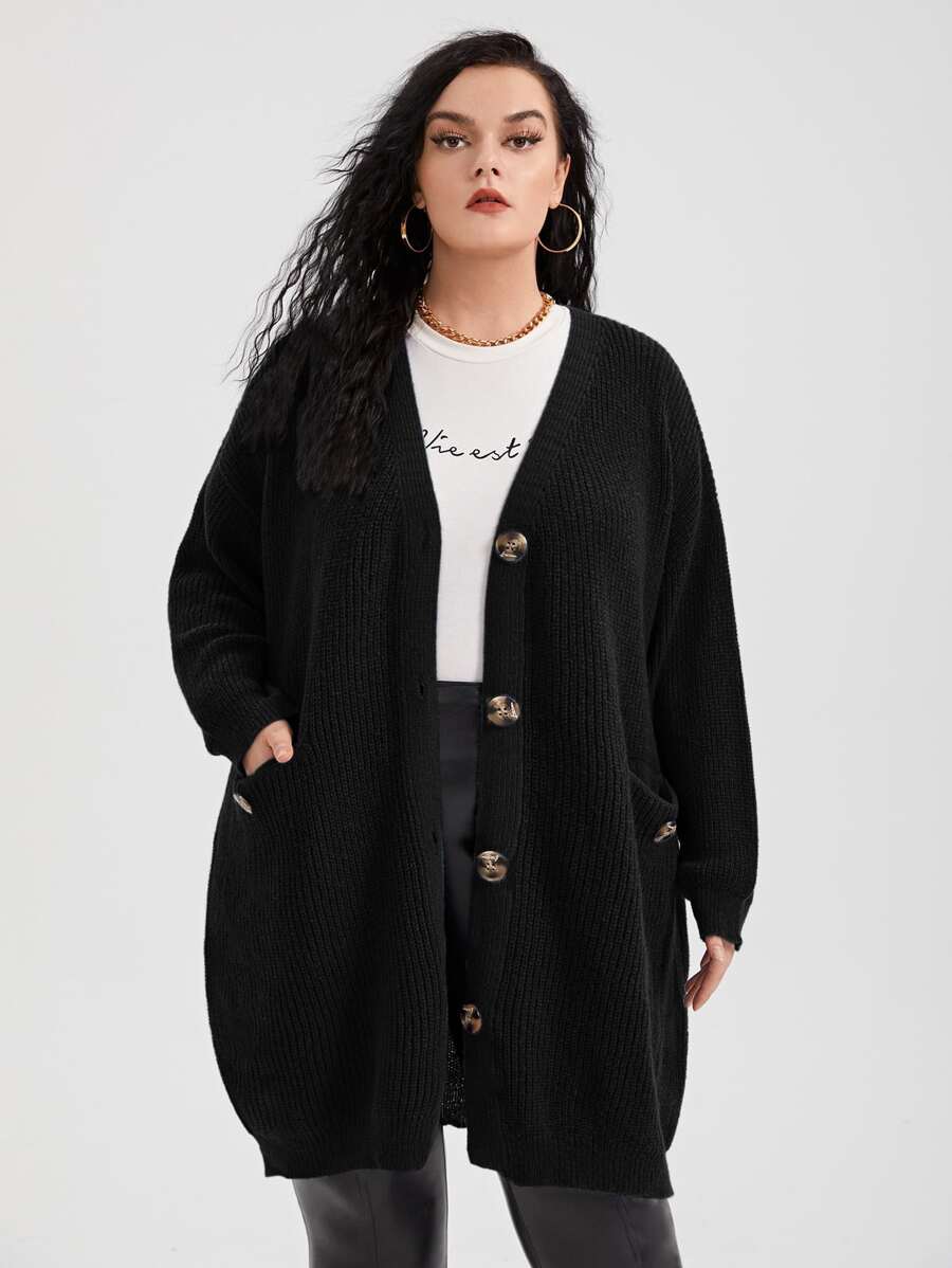 SHEIN LUNE Plus Drop Shoulder Pocket Patched Cardigan, For Winter - Black - View 1