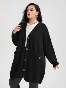 SHEIN LUNE Plus Drop Shoulder Pocket Patched Cardigan, For Winter - Black - View 3