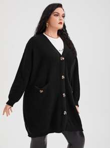 SHEIN LUNE Plus Drop Shoulder Pocket Patched Cardigan, For Winter - Black - View 4