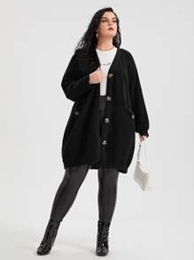 SHEIN LUNE Plus Drop Shoulder Pocket Patched Cardigan, For Winter - Black - View 5