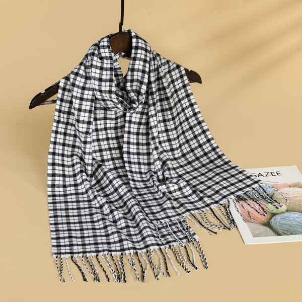 

Plaid Tassel Decor Scarf, Black and white