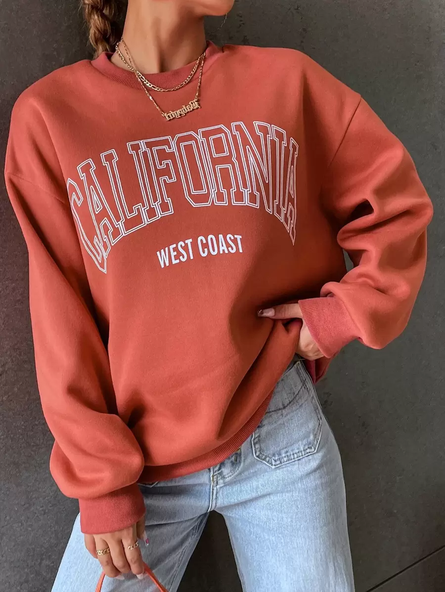 SHEIN Unity Letter Graphic Drop Shoulder Sweatshirt,Long Sleeve Tops Pullover Fall - Redwood - View 1