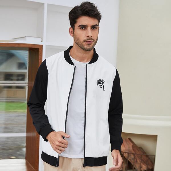 

Men Color Block Floral Print Zipper Bomber Jacket, Black and white