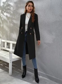 Double Breasted Flap Detail Belted Overcoat - Black - View 1