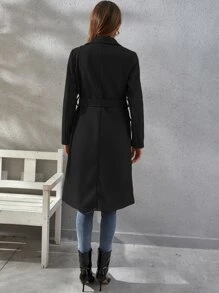 Double Breasted Flap Detail Belted Overcoat - Black - View 2