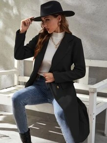 Double Breasted Flap Detail Belted Overcoat - Black - View 3