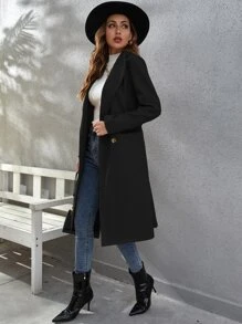 Double Breasted Flap Detail Belted Overcoat - Black - View 4