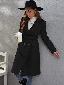 Double Breasted Flap Detail Belted Overcoat - Black - View 5