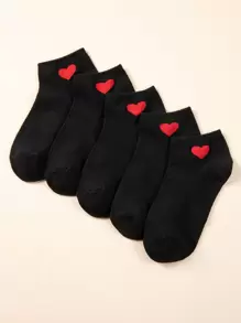 5pairs Heart Print Ankle Socks - Black - View 1