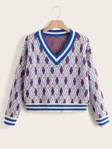 SHEIN Unity Plus Argyle Pattern Striped Trim Cricket Jumper - Multicolor - View 1