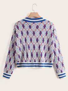 SHEIN Unity Plus Argyle Pattern Striped Trim Cricket Jumper - Multicolor - View 2