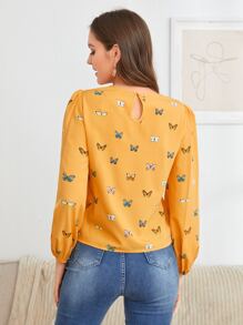 SHEIN Clasi 蝴蝶圖案燈籠袖上衣 - 黃色 - 查看 2
