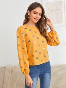 SHEIN Clasi 蝴蝶圖案燈籠袖上衣 - 黃色 - 查看 3