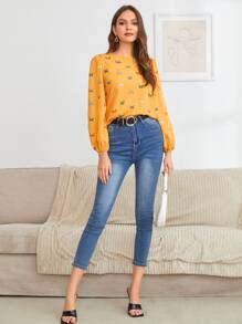 SHEIN Clasi 蝴蝶圖案燈籠袖上衣 - 黃色 - 查看 4