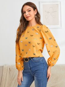 SHEIN Clasi 蝴蝶圖案燈籠袖上衣 - 黃色 - 查看 5