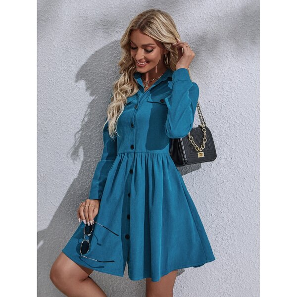 

Flap Detail Button Front Shirt Dress, Blue
