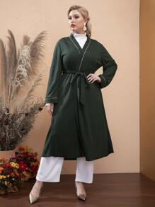 SHEIN Swim Curve Plus Contrast Binding Belted Kimono - Dark Green - View 3