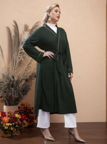 SHEIN Swim Curve Plus Contrast Binding Belted Kimono - Dark Green - View 4