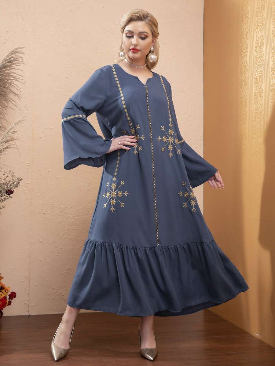Modelyn Vestido con bordado floral de manga con volante bajo con fruncido - Azul - Ver 1
