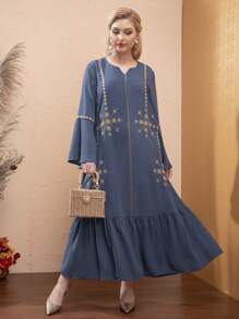 Modelyn Vestido con bordado floral de manga con volante bajo con fruncido - Azul - Ver 3