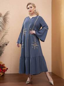 Modelyn Vestido con bordado floral de manga con volante bajo con fruncido - Azul - Ver 4