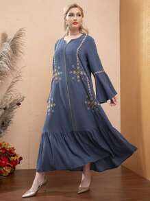 Modelyn Vestido con bordado floral de manga con volante bajo con fruncido - Azul - Ver 6