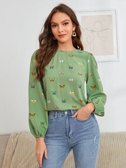 SHEIN Clasi Butterfly Print Lantern Sleeve Top