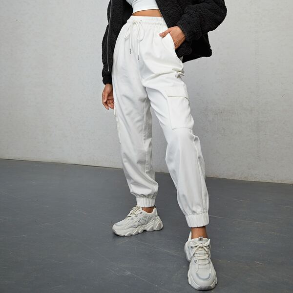 

Flap Pocket Side Drawstring Waist Sweatpants, White