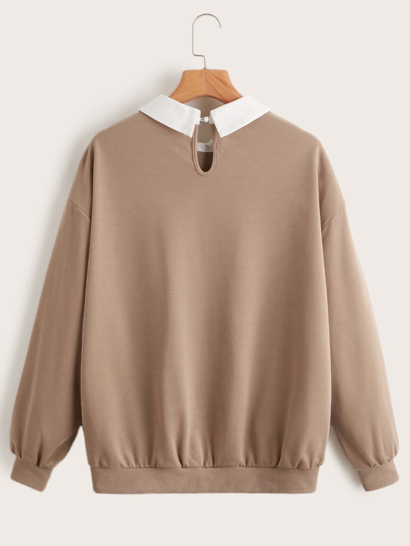 SHEIN EZwear 撞色领标语图案落肩套头衫，长袖上衣 - 卡其色 - 查看 2