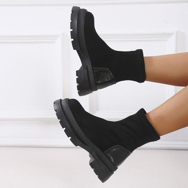 

Minimalist Croc Embossed Slip-On Chunky Boots, Black