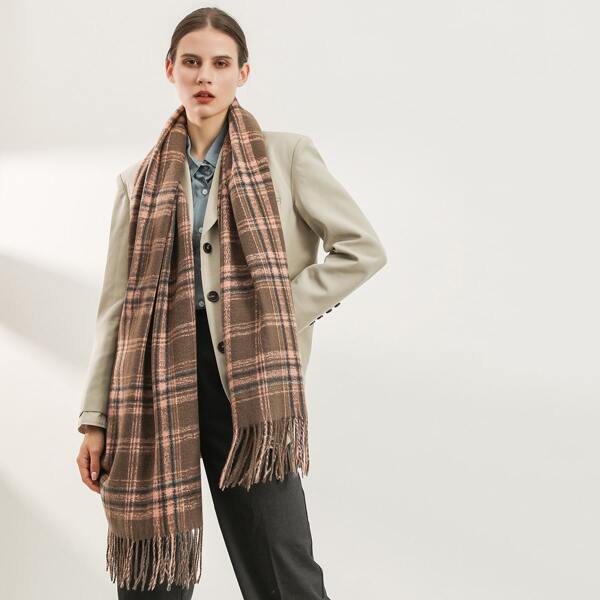 

Tassel Decor Plaid Pattern Scarf, Khaki