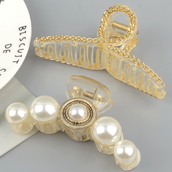 

2pcs Faux Pearl Decor Hair Claw, Multicolor
