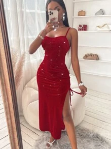 Zolique 水鑽抽繩高衩絲絨吊帶連衣裙 - 紅色 - 查看 3